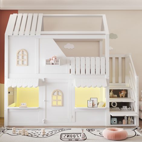 Lit superposé 90x200cm - maison + led + échelle coffre + fenêtres - bois - blanc (1/5)