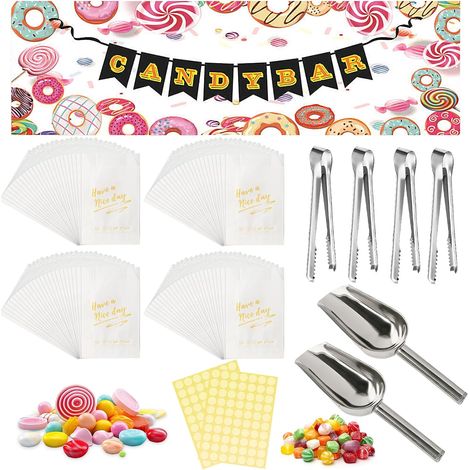 Ensemble complet d'accessoires pour bar à bonbons, contient 100 sachets pour bar à bonbons et 2 autocollants, 4 pinces à sucre, 2 pelles pour bar à bonbons, 1 guirlande décorative pour bar à bonbons (1/5)