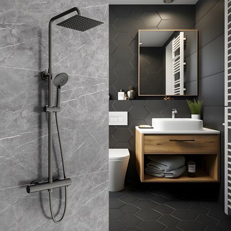 AICA ITALY Colonna Doccia con Miscelatore Termostatico, Sistema Doccia Antiscottatura, Set Doccia con Soffione Quadrato 20cm e 108mm Doccetta, Altezza Regolabile 74-117 cm Nero