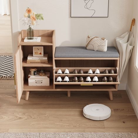 Mobiletto per scarpe basso, panca per scarpe, imbottito, ripostiglio multifunzionale, piedi alti in legno massello, colore legno naturale, stile scandinavo - Naturale