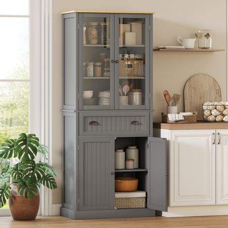 Buffet meuble cuisine rangement armoire de cuisine 4 portes dont 2 portes vitrées et 1 tiroir étagères réglables - gris (1/5)