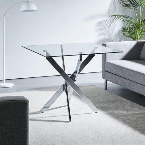 Mesa de comedor 80x80x75 cm plateado en vidrio y metal con patas cruzadas y diseño estable (1/5)