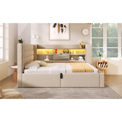 Bett Bettgestell 90x200 Stauraum LED Leinen Beige HAVRYA (1/5)