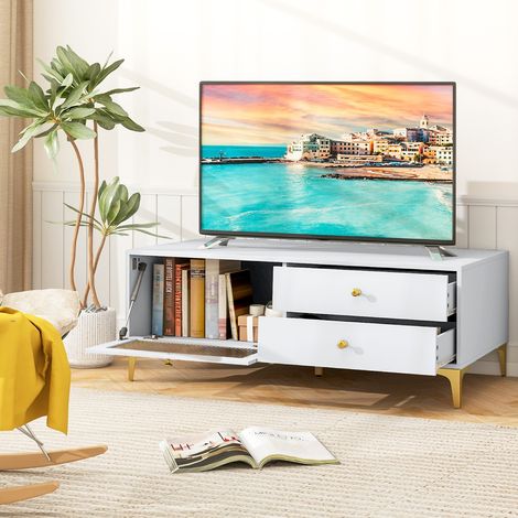 Meuble TV pour Téléviseur de 55 Pouces Console TV 47,5" avec Compartiment Tiroirs Porte en Verre Trempé Rabattable Gris Clair (1/3)