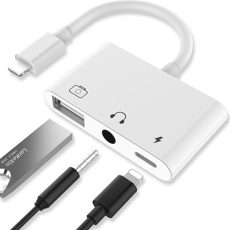 Adaptateur Lighting Audio USB, Adaptateur Lecteur Caméra USB 3 en 1 avec port Alimentation Câble + Prise Casque 3,5 mm (1/5)