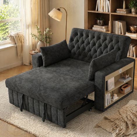 Divano letto multifunzione 2 posti con contenitore, USB, portabicchieri e cuscini, grigio DESVIAE (1/5)