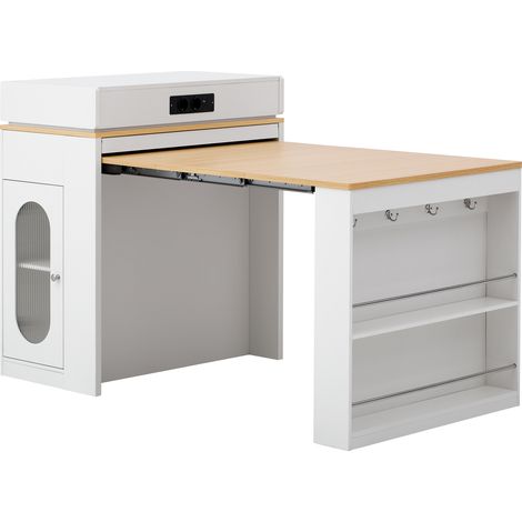 Îlot de cuisine sur roulettes, table à manger extensible avec plateau rabattable, table de bar avec blocs multiprises et crochets, sert d’îlot de cuisine, de buffet ou de table de bar pour la cuisine (1/5)