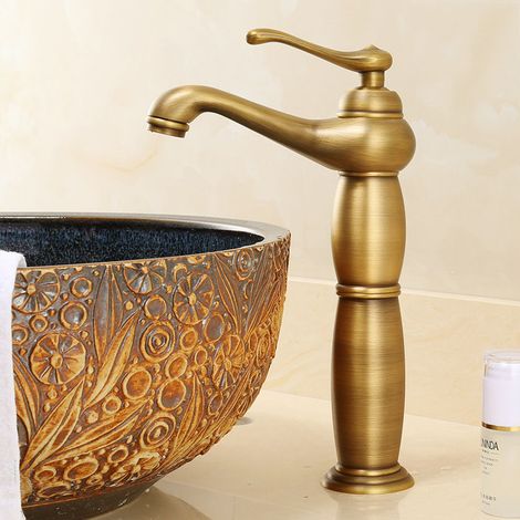 Robinet Mitigeur Lavabo en Laiton Style Européen Rétro pour Vasque à Poser, Salle de Bain Domestique, Modèle Classique Antique Haut avec Tuyau Flexible-lsw