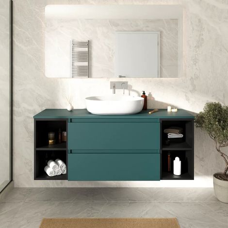 Mobile bagno sospeso 120cm due cassetti con top petrol e due vani a giorno nero opaco Hexa (1/4)