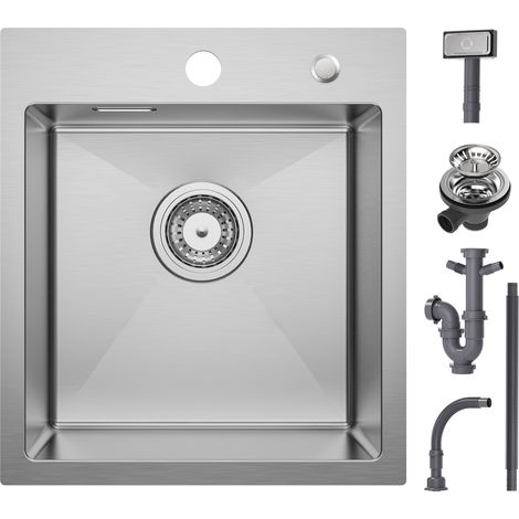 Fregadero de cocina de 1 seno 40 x 45 x 19 CM - Fregadero de acero inoxidable cepillado de 1 seno con sifón y rebosadero - Fregadero de cocina empotrado o empotrado (1/9)