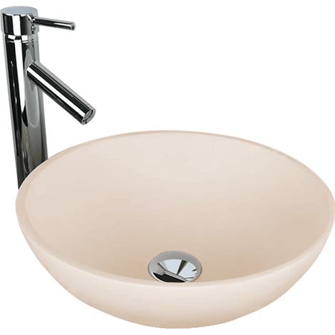 Vasque à poser ronde 40 cm en Solide surface beige rosé - Boléa (1/2)