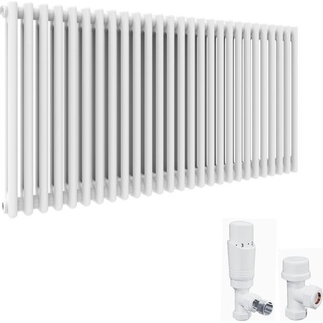 ELEGANT 600 x 1505 mm Traditional Column Radiators Horizontal Double Panel Cast Iron Central Heating Rads and White Thermostatic Radiator Valves (1/5)