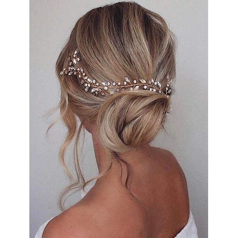 Serre-tête nuptial en rotin à strass brillants doré, headband bridal raffiné pour cérémonie mariage et photos de mariage (1/5)