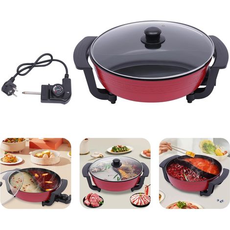 6L Elektrische Hot Pot 220V Wokpfanne Yin Yang Hot Pot Twin Suppentopf Küche Kasserolle Multifunktions Topfkocher Antihaft Chinesischer Hotpot für Hause, Reise und Wohnheim, Rot