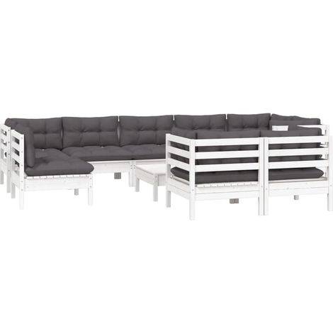 vidaXL Set Divani da Giardino 10 pz con Cuscini Bianchi Legno di Pino (1/4)