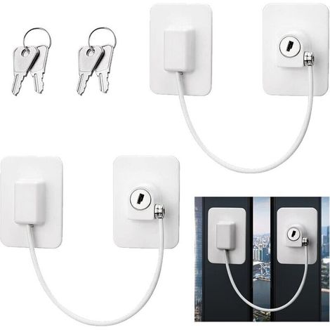 2 Pièces Verrous de Limiteur de Fenêtre Verrous de Fenêtre de Sécurité Enfant Bébé Serrure de Limiteur de Câble UPVC avec Clés pour Applications Domestiques, Publiques et Commerciales - Blanc