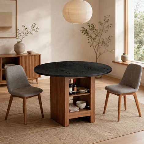 Table à manger ronde 100x76 cm en MDF noir et noyer avec rangement, pour petite cuisine – MEUBLIV (1/5)