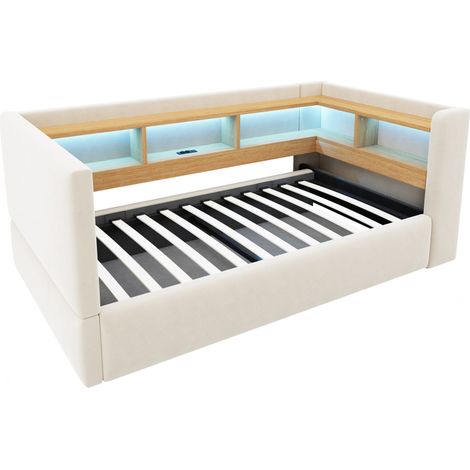 Canapé-cama con arcón hidráulico 90 x 190 cm beige con LED, enchufes y almacenaje (1/5)