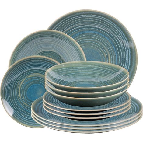 Service d'assiettes 12 pièces en grès bleu – 4 assiettes plates 27cm, 4 assiettes creuses 22cm, 4 assiettes à dessert 21cm – Compatible lave-vaisselle et micro-onde – Table Passion (1/5)