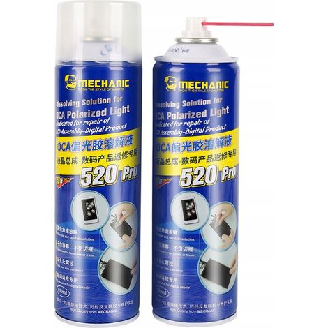 Mechanic 520 Pro Spray - Disolvente profesional para pegamento OCA en pantallas LCD  550 ml  Seguro para la pantalla y el marco  Acci贸n r谩pida  Para talleres de reparaci贸n de GSM y electr贸nica (1/2)