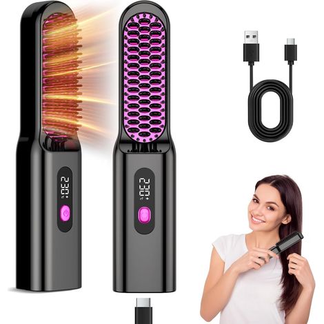 Brosse Lissante Sans Fil, Brosse Lissante Pour Cheveux Portable, Mini Lisseur Sans Fil Rechargeable, 6000mAh 12 Niveaux,Adapté aux Voyages, Soin Lissant pour Tous Les Types de Cheveux (1/5)