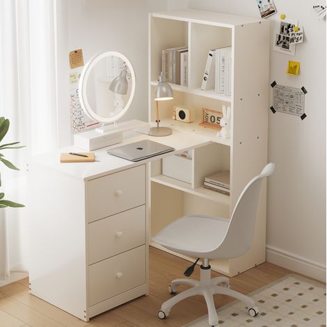 Escritorio esquinero 117x63x135 cm blanco de madera con estantería de 4 niveles y 3 cajones (1/5)