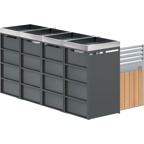 Boxes à ordures, ouvertures de ventilation avec des lames, compartiments pour le stockage des déchets, fermables, quatre portes, surface destinée aux plantes. (1/5)