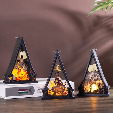 Trois veilleuses LED décoratives d'Halloween, lampes à vent rétro et créatives, décorations de bureau en forme de crâne de sorcière (1/5)