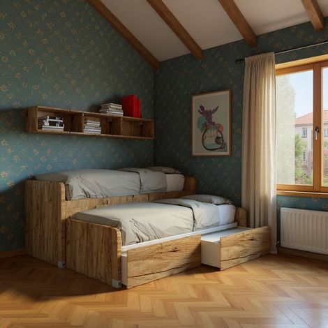 Coppia letti singoli scorrevoli con ruote e contenitori - Made in Italy - Quercia