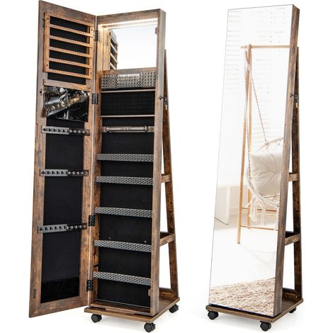 Mobiletto portagioielli su ruote 40 x 38 x 163 cm con specchio illuminato e spazio di archiviazione sicuro design contemporaneo in MDF color caffè 200009916