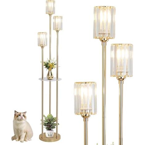 Modern Gold Floor Lamp with Shelf, 3 Bulbs Vintage Floor Lamp with Glass Shade and Foot Switch, Crystal for Bedroom, Office (1/5)