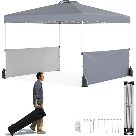 COSTWAY 300 X 300 CM Pop up Canopy Tent w/ 2 Half Sidewalls & Wheeled Bag-Gray (1/5)