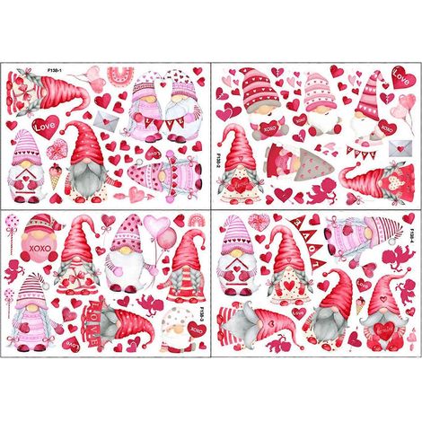 4er-Set Valentinstag-Fensteraufkleber, Herz-Gnom-Wandaufkleber, abnehmbare Aufkleber