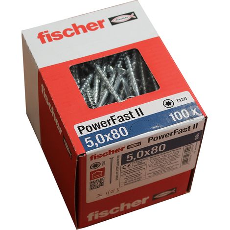 100 Vis VBA tête fraisée Power-Fast PZ2 Ø5 x 80 mm filetage partiel - Fischer
