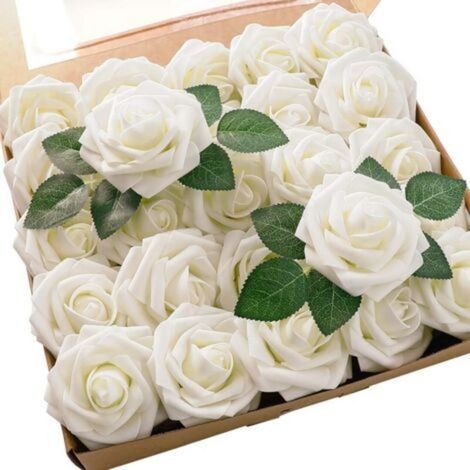 (Ivoire)Lot de 25 roses artificielles en mousse ivoire avec tiges pour bouquets de mariage, centres de table de fête, arrangements, décorations de table de fête (1/4)