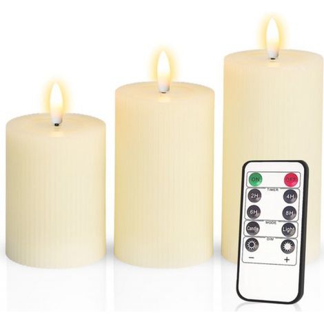 – Set mit 3 gerippten LED-Säulenkerzen – Elfenbein – Echtwachs – LED-Kerzen – Höhe: 10 / 12,5 / 15 cm – Inklusive Fernbedienung – Timer: 2/4/6/8 Stunden – Einstellbare Helligkeit (1/5)
