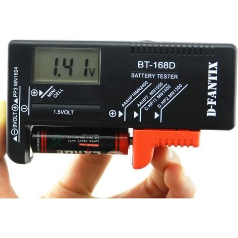D-FantiX Testeur de piles pour piles AA, AAA, C, D, piles bouton 9 V 1,5 V, Plastique, noir, Model: BT-168D