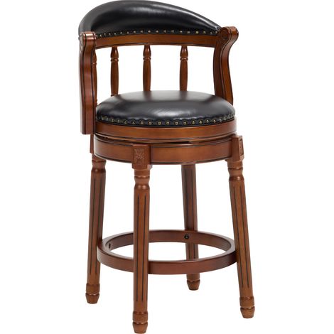 CHICFURN Taburete de bar giratorio 55 x 52 x 96 cm de madera y cuero negro, con respaldo (1/5)
