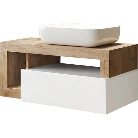 ARTURO - Meuble Vasque 92cm suspendu 1 tiroirs blanc laqué et aspect bois finition Cadiz