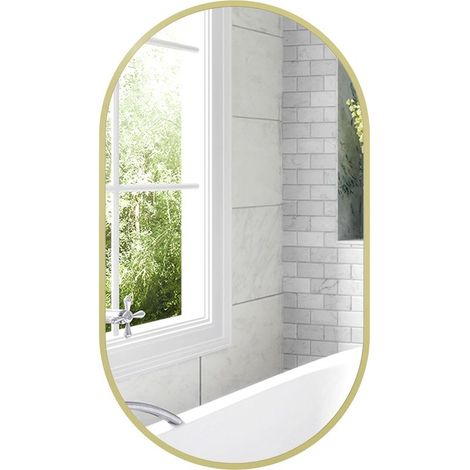 Mirror wall oval with frame in aluminum of style minimalist, fastening vertically or horizontal with 3 hooks, 40 x 70 cm, golden (1/5)