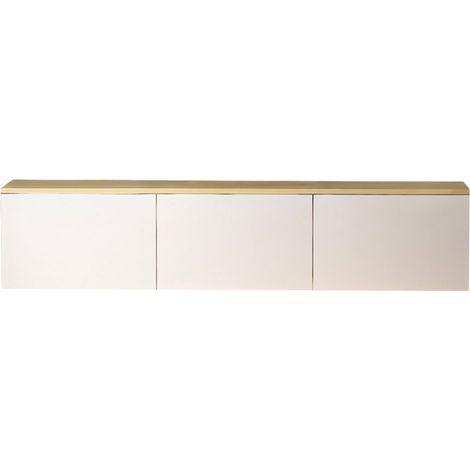 Meuble TV LED suspendu avec placards blanc et plateau bois 160cm LUMI (1/5)