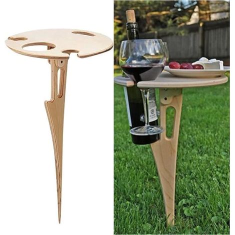 Outdoor wine table with bottle holder, portable folding beach table for sand and grass.