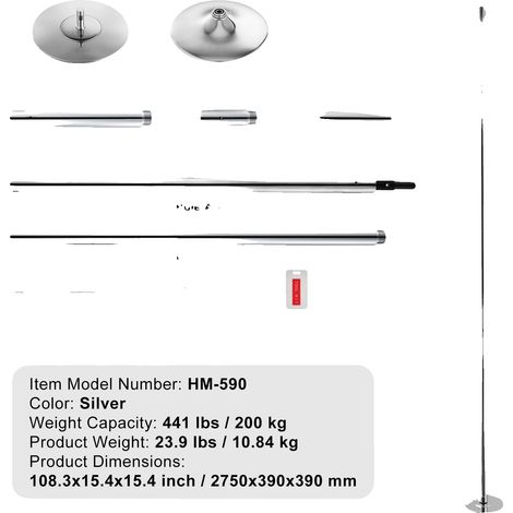 Pôle de danse, hauteur réglable, fonctionnalité à double mode, argent (1/2)