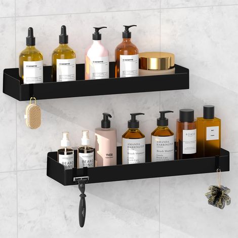 Étagère Douche en Métal Lot 2, Etagere Salle de Bain Sans Percage 40CM Etagere Douche Sans Percage, Colle(4 kg) ou Vis(7 kg) par Étagère, Trous Drainage, Inox+Couche Antirouille, 8 Crochets (1/5)