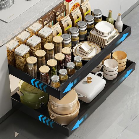 1 Pack Tiroir Coulissant Cuisine Adhesif, Bac Coulissant Placard Cuisine, Organisateur D'Armoires Pour Armoires Extensible 32-52cm x 42cm x 7.5 cm (1/5)