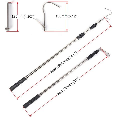 1.9 meter long stainless steel telescopic pole for trucks, used for lifting ropes at great heights and recovering cargo, black, one pack.