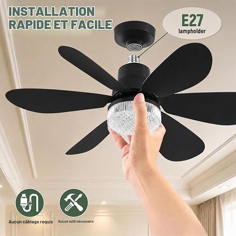 Ceiling Fan with Light and Remote Control, Diameter 52 cm LED Ceiling Light Dimmable Fan with 40 W E27 Crystal Light, 6 Blades, 3 Speed, Silent for Bedroom, Living Room (Black) (1/5)