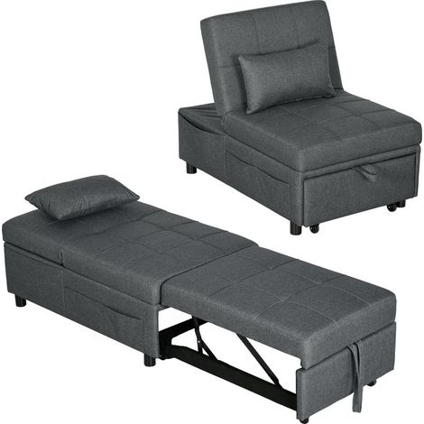 Pour se détendre ou dormir, fauteuil-lit gris avec dossier réglable et oreiller (1/5)
