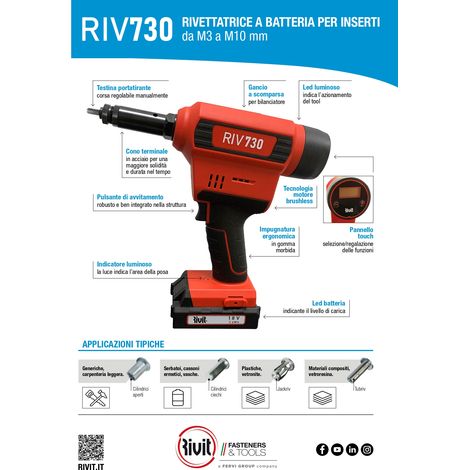 Remachadora a bateria de litio para insertos M3-10 18,0V 2,0Ah Rivit RIV730