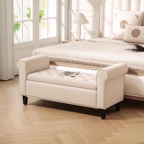 Banc de chevet en velours avec espace de rangement et accoudoirs. 126 x 48,5 x 57 cm. Beige. (1/5)